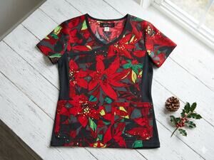 Koi Lite Raquel Scrub Top XXS New With Tags Holiday Poinsettia Floral Mock Wrap
